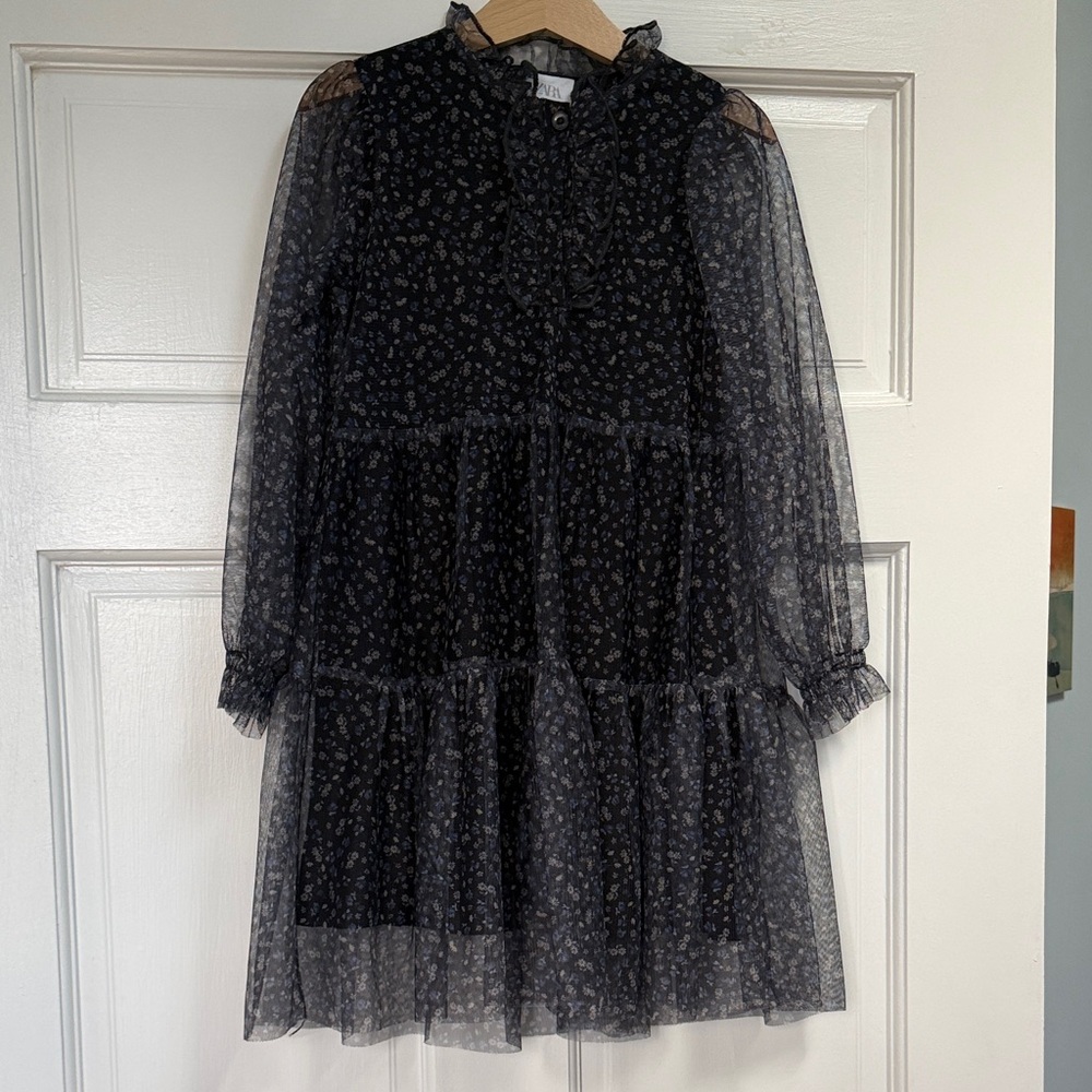 Zara Black and Blue Floral Ruffle Dress